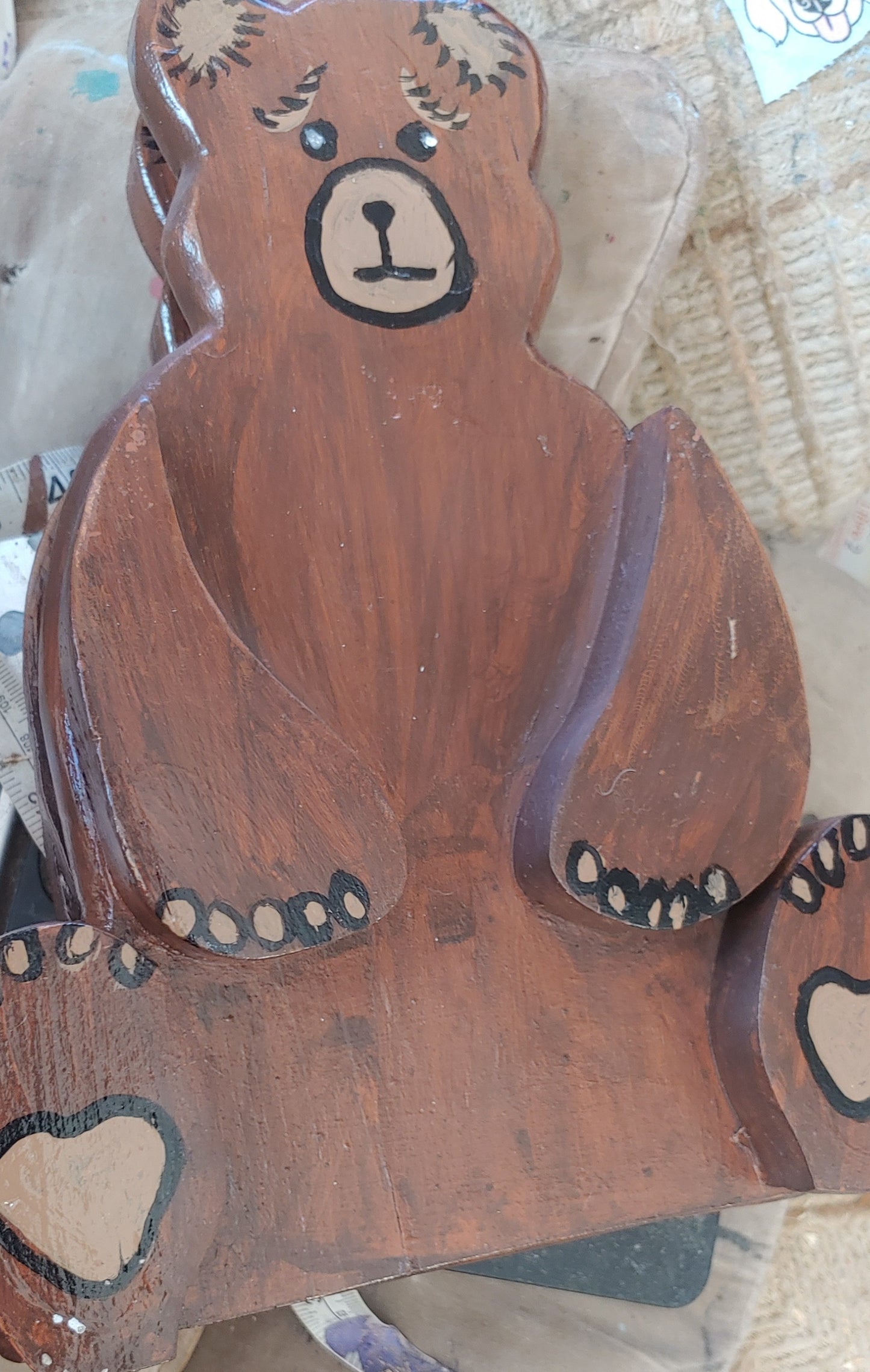 2 items handpainted wooden animal shape painting brown bears wall hanger or shelf sitter
