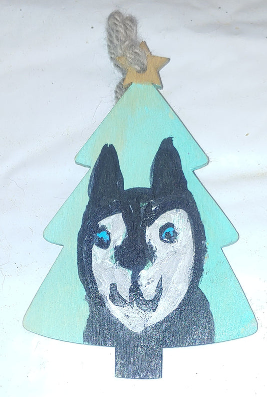 aqua background black and white husky dog  handpainted one only christmas ornament/wall hanging./keyring