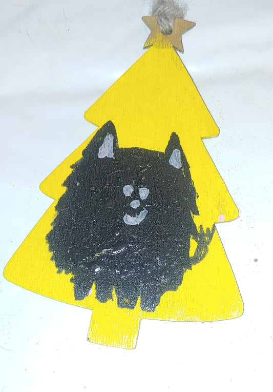 yellow background black pomeranian dog  handpainted one only christmas ornament/wall hanging./keyring