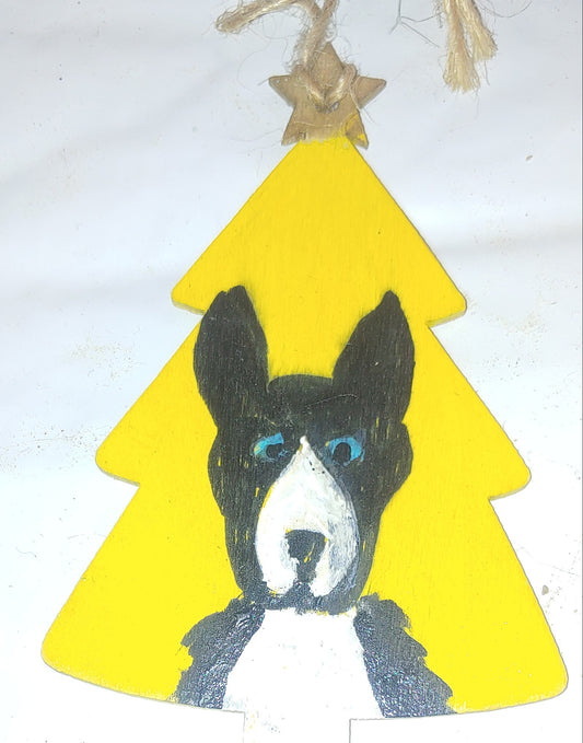yellow background black and white shepherd dog  handpainted one only christmas ornament/wall hanging./keyring