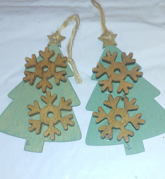 2 x handpainted and decoupaged one only green background brown wooded snowflakes  christmas ornament