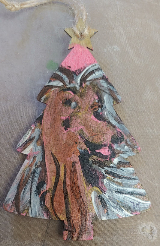 afghan hound pink background grey and brown afghan hound handpainted one only christmas ornament/wall hanging./keyring