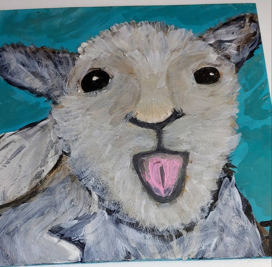 big sale  Was $40 now $15 lamb poking tongue out 12 x 12 inch painting on plywood