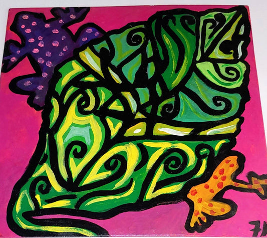 big sale was $40 now $15 abstract tree and frogs painting 12 x 12 inch plywood panel