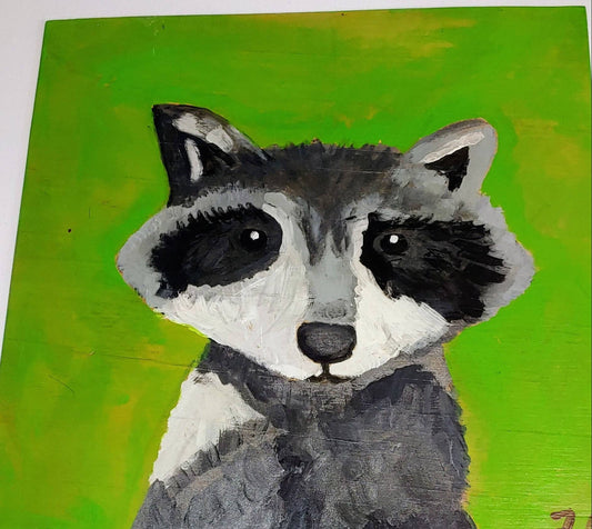 big sale was $40 now $15 .cute raccoon 12 x 12 inch painting on plywood