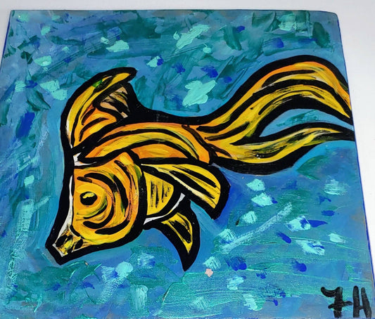 big sale was $40 now $15  goldfish 12 x 12 inch painting on plywood