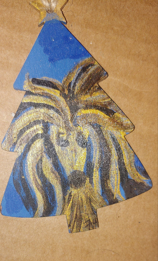 afghan hound gold and black dog handpainted one only blue christmas ornament. /keyring/wall hanging