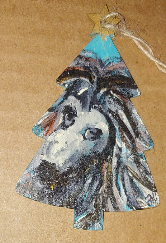afghan hound grey and black dog handpainted one only christmas ornament. Teal blue tree ornament