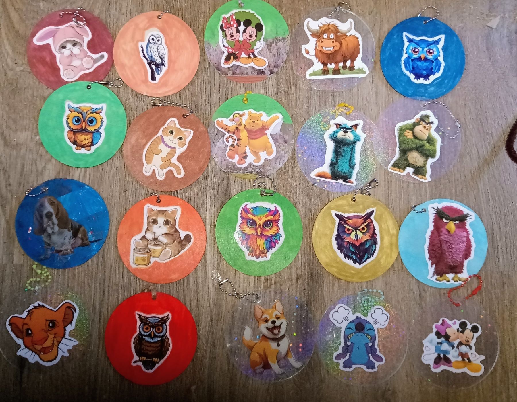 3 inch wooden or acrylic double sided keyrings featuring animals