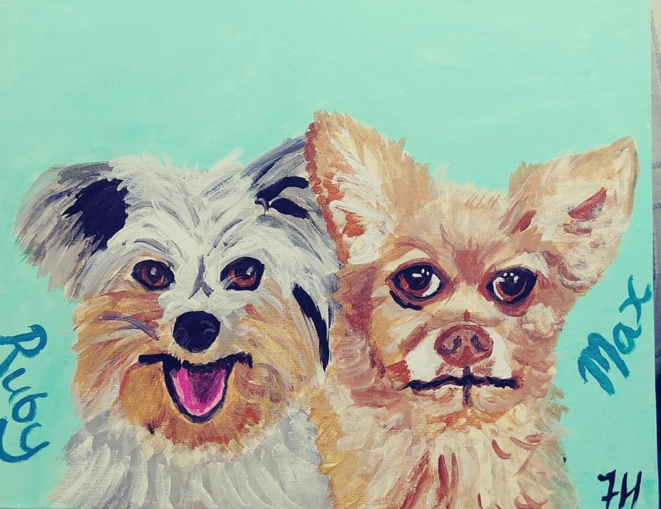 Pet portrait - hand painted  14 x 11 inch stretched canvas two animals