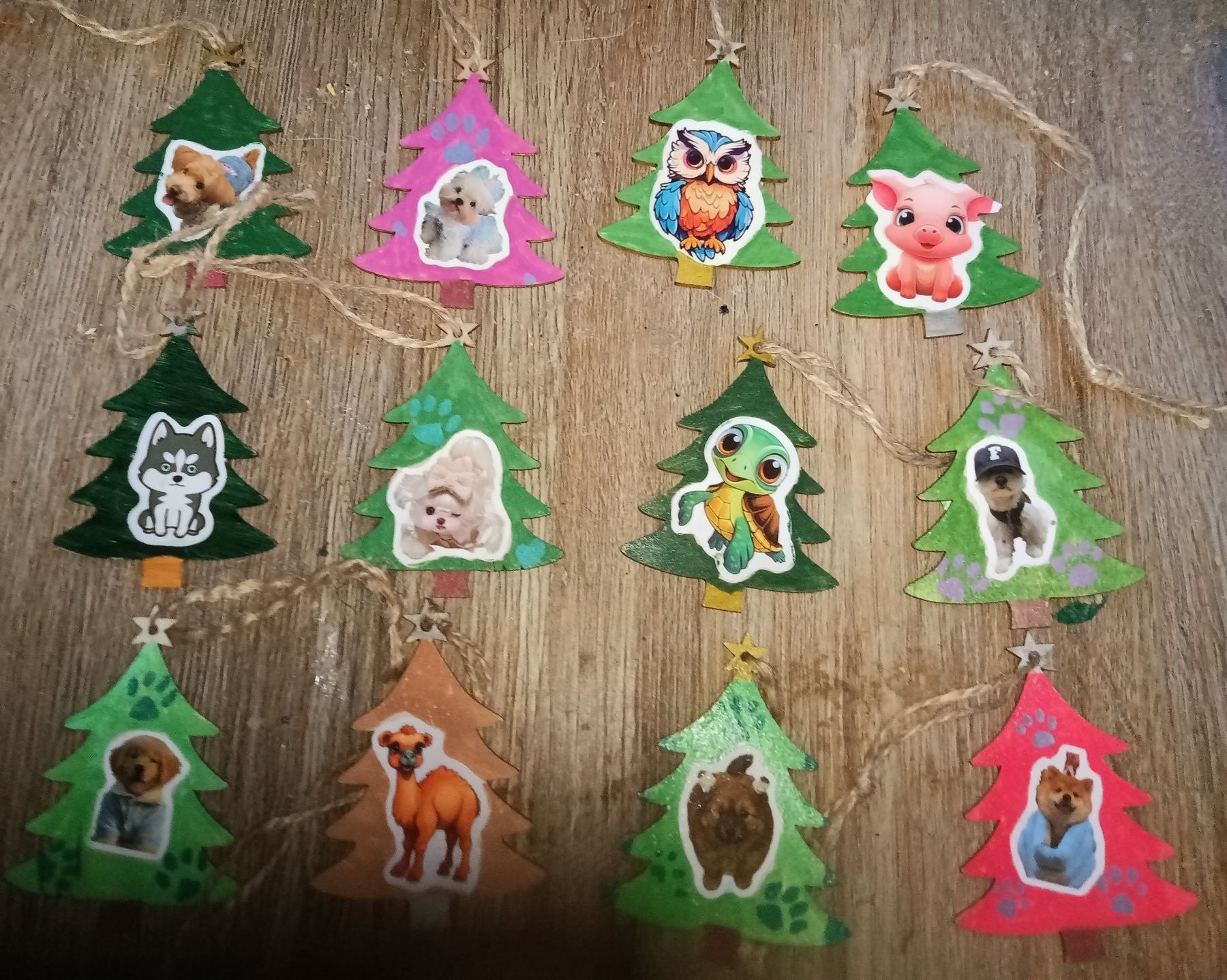  wooden shapes - christmas trees with animal stickers, christmas decor
