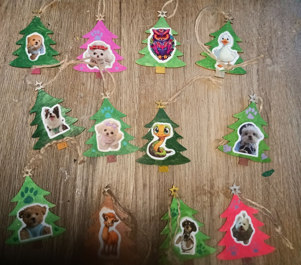  wooden shapes - christmas trees with animal stickers, christmas decor