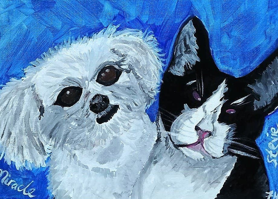Pet portrait - hand painted 14 x 11 inch canvas panel three animals