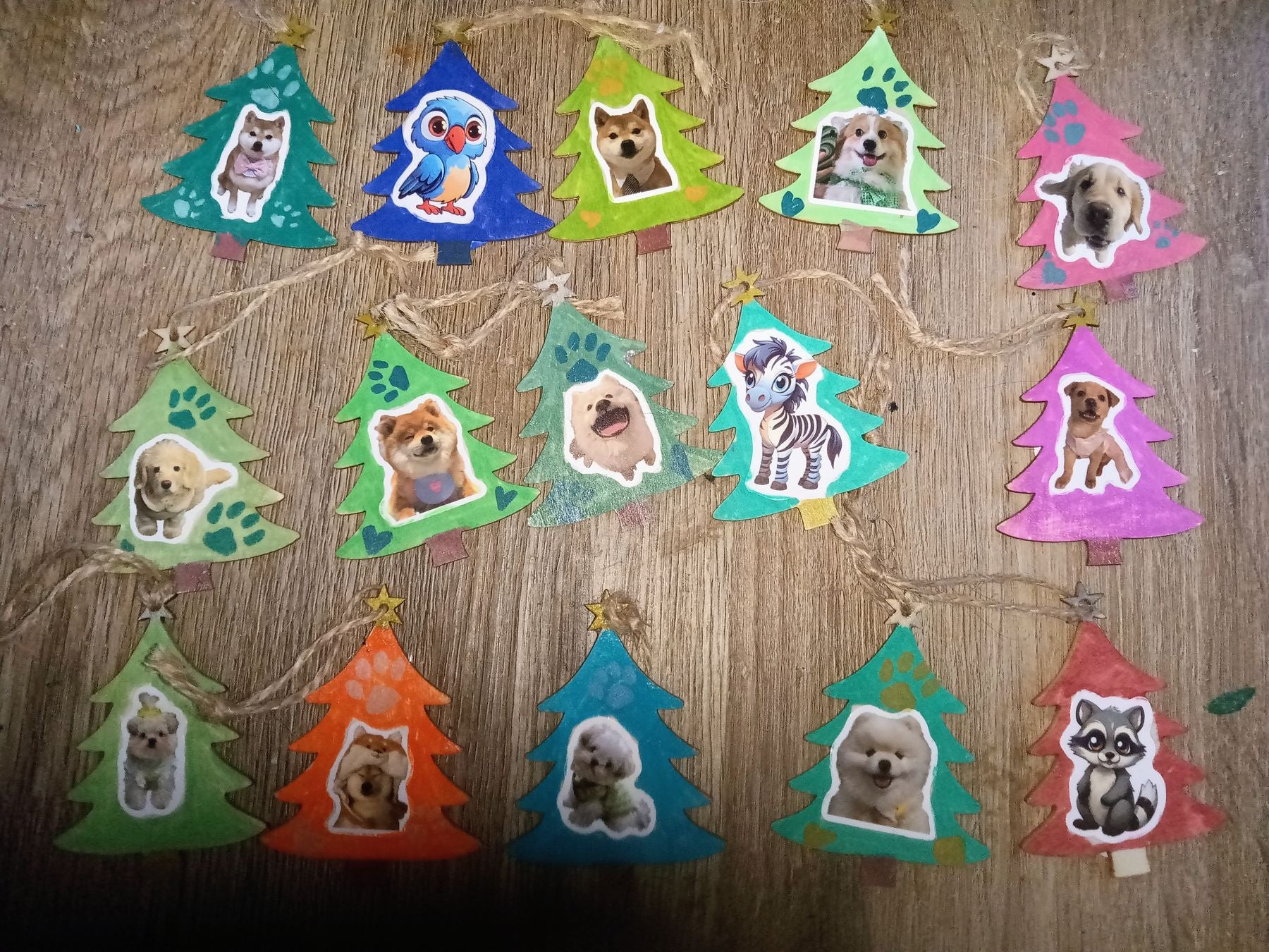  wooden shapes - christmas trees with animal stickers, christmas decor