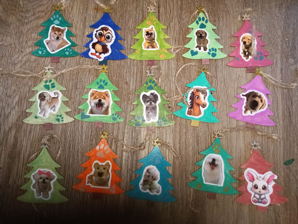  wooden shapes - christmas trees with animal stickers, christmas decor