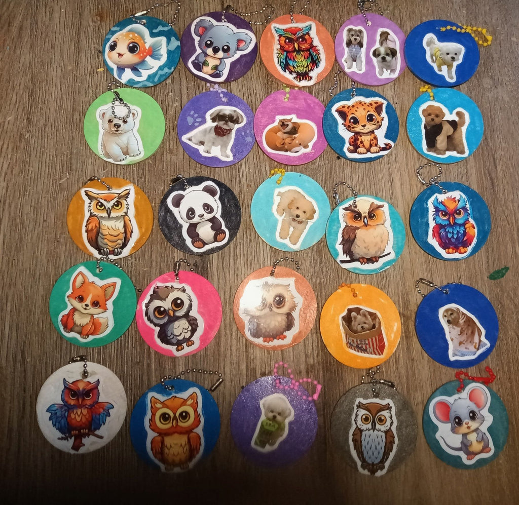 3 inch wooden or acrylic double sided keyrings featuring animals