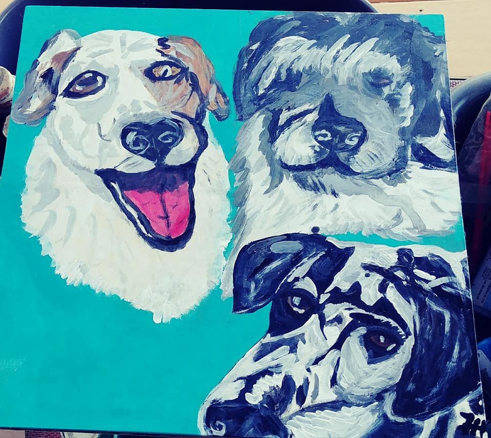 Pet portrait - hand painted  14 x 11 inch stretched canvas three animals